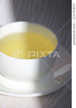 White cup and saucer with mint tea White cup and saucer with mint tea 124785655