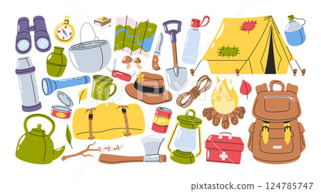 Summer camping, hiking adventure on nature and outdoors travel equipment hand-drawn elements set Summer camping, hiking adventure on nature and outdoors travel equipment hand-drawn elements set 124785747