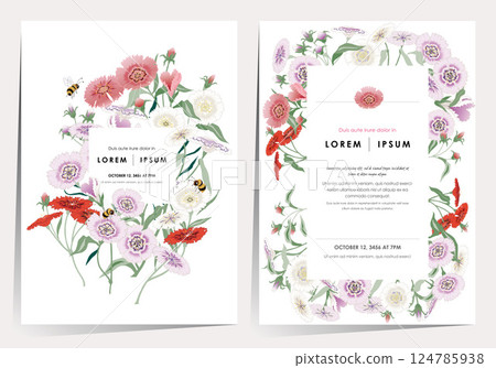 A Colorful Field of Blooming Dianthus Flowers. Vector illustration of template set in Minhwa, Korean Folk Painting Style A Colorful Field of Blooming Dianthus Flowers. Vector illustration of template set in Minhwa, Korean Folk Painting Style 124785938