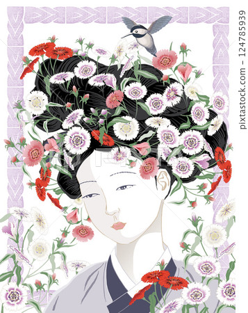 Portrait of a Joseon Era Korean Beauty Adorned with Full-Bloom Dianthus Flowers. Vector Illustration Portrait of a Joseon Era Korean Beauty Adorned with Full-Bloom Dianthus Flowers. Vector Illustration 124785939
