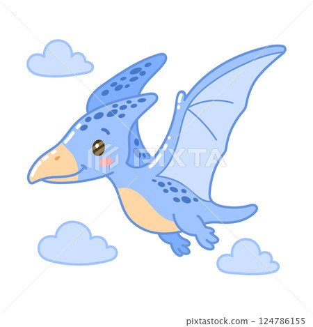 Cute flying blue cartoon pterodactyl with soft wings and smile, perfect for kids prints or decor 124786155