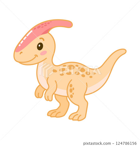 Smiling pastel parasaurolophus dinosaur with spots and head crest, ideal for childrens illustrations 124786156