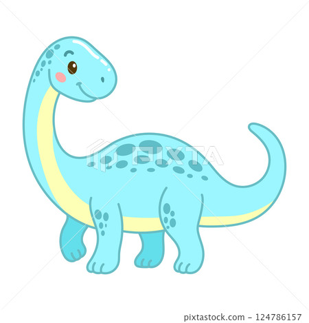 Cute blue cartoon brachiosaurus dinosaur with long neck and smile Cute blue cartoon brachiosaurus dinosaur with long neck and smile 124786157
