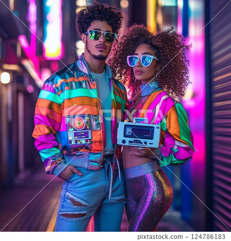Retro 80s Fashion Couple with Neon Lights 124786183