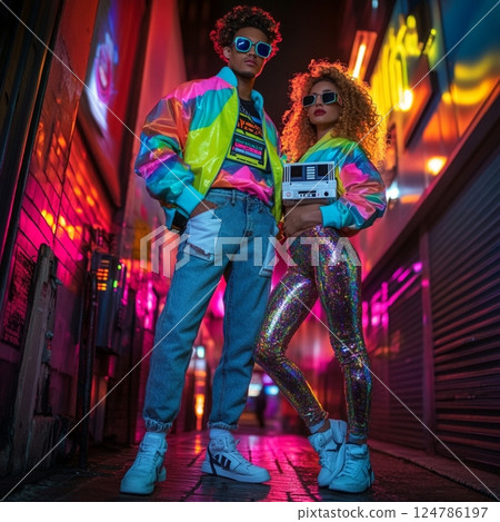 Retro 80s Fashion Couple with Neon Lights 124786197