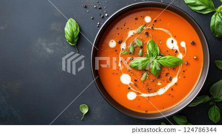 Tomato soup with basil and cream in dark bowl Tomato soup with basil and cream in dark bowl 124786344