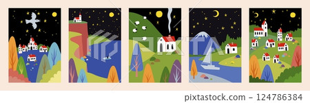 Abstract forest. House and hill meadow. Rural landscape. Natural park. Geometry shapes. Night sky. Spring earth and tree village. River yacht. Field scene with farm plants. Vector cards set Abstract forest. House and hill meadow. Rural landscape. Natural park. Geometry shapes. Night sky. Spring earth and tree village. River yacht. Field scene with farm plants. Vector cards set 124786384