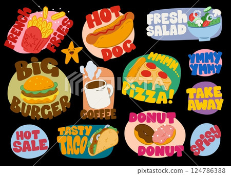 Food stickers. Retro burger icon. Pizza and coffee logo. Yummy vintage drink and sandwich meal menu. Fastfood label with lettering. Hot sale for takeaway snacks. Vector art badges set 124786388