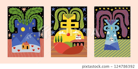 Abstract vase poster. Graphic flowers. Plant in modern natural shape. Minimal art pot. Blossoms bouquet. Scenery print. Home at meadow. Groovy painting. Vector psychedelic backgrounds set Abstract vase poster. Graphic flowers. Plant in modern natural shape. Minimal art pot. Blossoms bouquet. Scenery print. Home at meadow. Groovy painting. Vector psychedelic backgrounds set 124786392