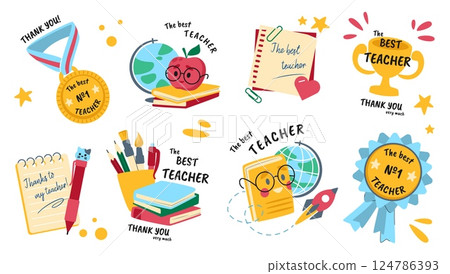 School stickers. Teacher medal. Award for studying. Trophy card or best symbol of learning celebration. Book and stationery. Academic achievement. Calligraphy lettering. Vector badges set School stickers. Teacher medal. Award for studying. Trophy card or best symbol of learning celebration. Book and stationery. Academic achievement. Calligraphy lettering. Vector badges set 124786393