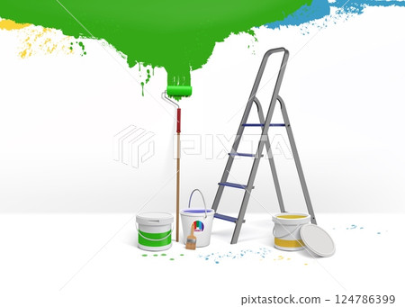 House painting. 3D wall repair. Decorator work. Apartment fix. Room renovating. Ladder and paint pots. Renovation tools. Professional interior light. Paintbrush splatters. Vector background 124786399