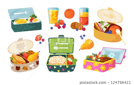 Lunch box. School lunchbox, kid healthy snacks for picnic, child tray with fruit meal, eat children container. Sandwiches and salad in plastic box, juice and beverage bottle. Vector cartoon set Lunch box. School lunchbox, kid healthy snacks for picnic, child tray with fruit meal, eat children container. Sandwiches and salad in plastic box, juice and beverage bottle. Vector cartoon set 124786421