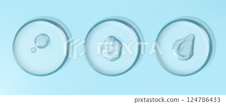 Cosmetic gel. Aloe serum. Transparent cosmetic smear or liquid shampoo in laboratory glass plate. Chemical analysis. Moisturizer swatch. Petri dish. Lab glassware. Vector 3D objects set Cosmetic gel. Aloe serum. Transparent cosmetic smear or liquid shampoo in laboratory glass plate. Chemical analysis. Moisturizer swatch. Petri dish. Lab glassware. Vector 3D objects set 124786433