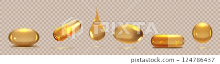 Hair vitamin. Gold oil pill. 3D golden serum drop or liquid tablet. Essence droplet. Cosmetic gel. Bubble ball. Omega supplement for skin beauty. Vector realistic healthcare capsules set 124786437