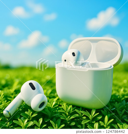在藍天和新綠的襯托下格外醒目的白色無線耳機 在藍天和新綠的襯托下格外醒目的白色無線耳機 124786442