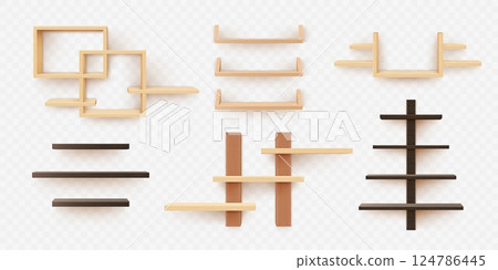 Wooden shelf. 3D furniture product or interior mockup for picture. Realistic bookshelf. Shelves hanging on wall. Handed display or wood frame. Vector design isolated interior objects set 124786445