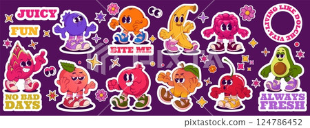 Fruit stickers. Retro cartoon characters. Comic orange and lemon. Food label. Vintage groove peach and raspberry. Grocery labels. Walking fresh avocado. Cherry badge. Vector mascots set 124786452