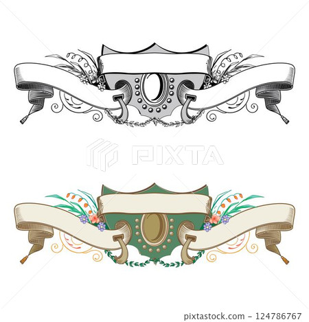 Hand drawn horizontal banners set with retro style ribbons decoration elements isolated vector illustration 124786767