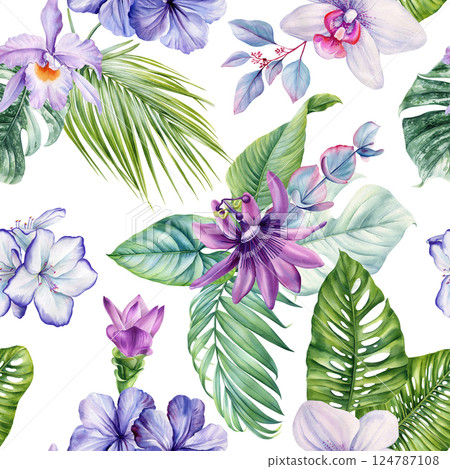 Watercolor seamless pattern passion flowers, exotic leaves. Tropical floral nature design floral background card, poster 124787108