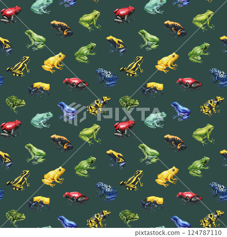 colorful watercolor seamless pattern with different tropical frogs on green background for wildlife and nature design colorful watercolor seamless pattern with different tropical frogs on green background for wildlife and nature design 124787110