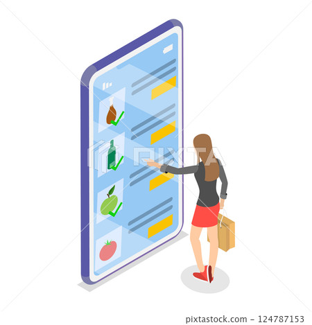 3D Isometric Flat Vector Illustration of Grocery Food Delivery, Shipping of Farm Fresh Fruits and Vegetables. Item 1 3D Isometric Flat Vector Illustration of Grocery Food Delivery, Shipping of Farm Fresh Fruits and Vegetables. Item 1 124787153