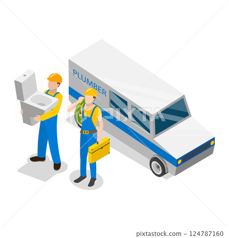 3D Isometric Flat Vector Illustration of Plumbers, Pipeline Repair, Clogged Toilet, Sewer Cleaning. Item 1 3D Isometric Flat Vector Illustration of Plumbers, Pipeline Repair, Clogged Toilet, Sewer Cleaning. Item 1 124787160