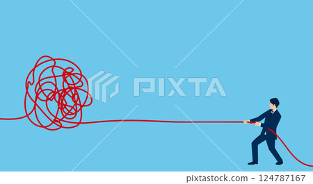 Business challenges and solutions - illustration of a man pulling tangled threads, vector 124787167