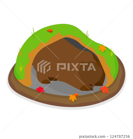 3D Isometric Flat Vector Set of Cartoon Woodland Animals, Wild Animals Sleeping in Holes. Item 2 124787256
