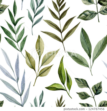 watercolor seamless pattern various green leaves hand painted botanical tropical foliage background fabric and design watercolor seamless pattern various green leaves hand painted botanical tropical foliage background fabric and design 124787456