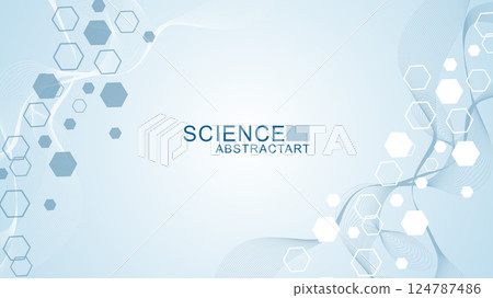 Modern scientific background with hexagons, lines and dots. Wave flow abstract background. Molecular structure for medical, technology, chemistry, science. Vector illustration Modern scientific background with hexagons, lines and dots. Wave flow abstract background. Molecular structure for medical, technology, chemistry, science. Vector illustration 124787486