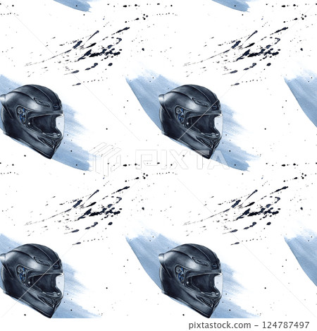 Motorcyclist helmet seamless pattern on blue watercolor spot, splashes. Biker crash helmet moto gear. Illustration isolated on white background. For packaging merchandise in motorbike stores, textile Motorcyclist helmet seamless pattern on blue watercolor spot, splashes. Biker crash helmet moto gear. Illustration isolated on white background. For packaging merchandise in motorbike stores, textile 124787497