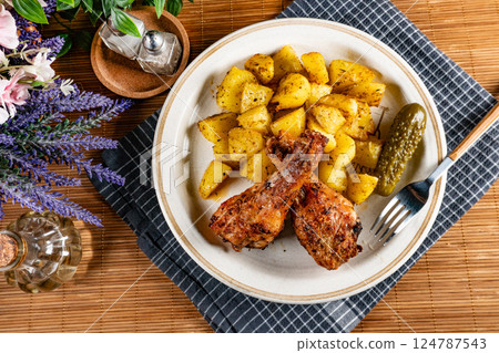 Baked chicken drumsticks with potatoes. 124787543