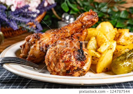 Baked chicken drumsticks with potatoes. 124787544