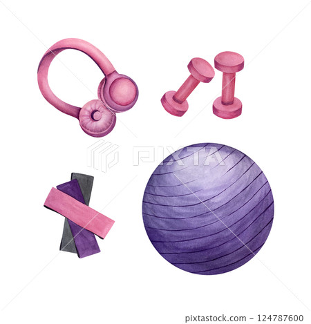 Set fit ball, elastic bands, dumbbells, pink headphones. Sport equipment watercolor illustration isolated on white to create compositions on sports concept, print product, certificates, business card Set fit ball, elastic bands, dumbbells, pink headphones. Sport equipment watercolor illustration isolated on white to create compositions on sports concept, print product, certificates, business card 124787600