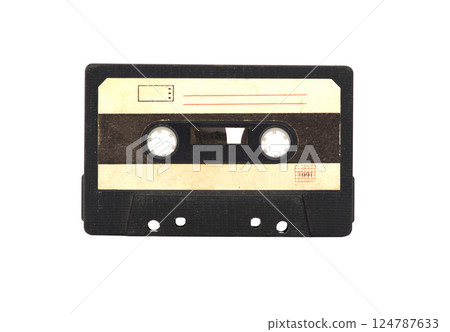 The black vintage Compact Audio Cassette isolated on white background. 124787633