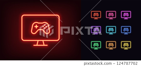 Outline neon gaming monitor icon set. Glowing neon gaming display for gamers, game monitor with gamepad icon. Computer screen, UHD monitor for videogames, digital display. Vector icons 124787702