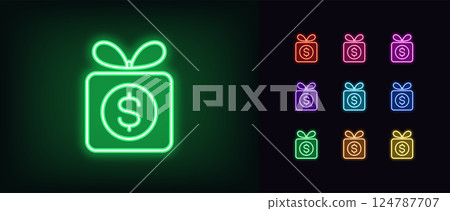 Outline neon money prize icon set. Glowing neon gift box with dollar icon, money reward, surprise. Token giveaway, coin giftbox, money present, cash prize, game bonus, winner reward. Vector icons 124787707