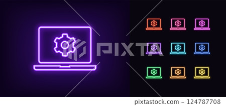 Outline neon laptop setting icon set. Glowing neon laptop customization icon, computer system configuration. Laptop work optimization, system settings, software update, computer service. Vector icons Outline neon laptop setting icon set. Glowing neon laptop customization icon, computer system configuration. Laptop work optimization, system settings, software update, computer service. Vector icons 124787708