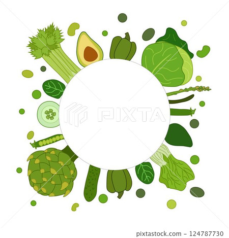 Green vegetables circle round frame, boxing, bordering. card template. Text, copy space. vector flat Spinach, Dandelion, broccoli, Romaine Lettuce, kale Collard for cooking bakery labels textile tags Green vegetables circle round frame, boxing, bordering. card template. Text, copy space. vector flat Spinach, Dandelion, broccoli, Romaine Lettuce, kale Collard for cooking bakery labels textile tags 124787730