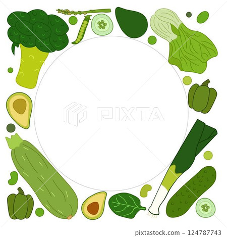 Square template with hand drawn green vegetables for text. Vector flat Vegetable tops, veggies stalks For vegan cafe menu. White background. Square template with hand drawn green vegetables for text. Vector flat Vegetable tops, veggies stalks For vegan cafe menu. White background. 124787743
