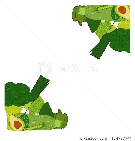 Green veggies square frame. Vector flat Hand drawn vintage color vegetables design. Organic fresh food vector banner template. Traditional botanical illustrations. 124787744
