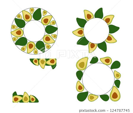 Avocado circle round square Frame set. Vector flat Avocado Background with Space for Text. Ideal for menu, package, cosmetic, textile, cards Eat green 124787745