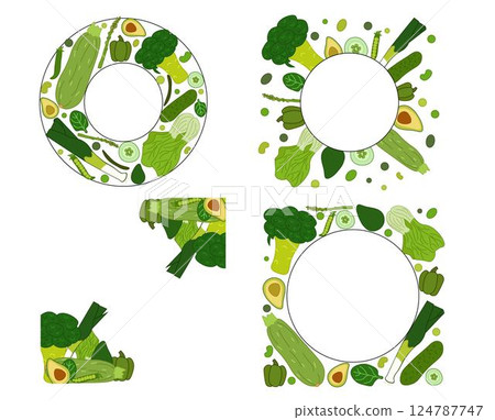 Green vegetable Circle round square frame set. vector flat illustration. art for food design, recipe, cook book, packages, menu, food ads and decor Eat green Green vegetable Circle round square frame set. vector flat illustration. art for food design, recipe, cook book, packages, menu, food ads and decor Eat green 124787747