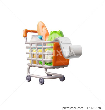 Realistic shopping cart, trolley with food and bill payment 3D cartoon vector icon, metal basket on wheels with purchase Realistic shopping cart, trolley with food and bill payment 3D cartoon vector icon, metal basket on wheels with purchase 124787783