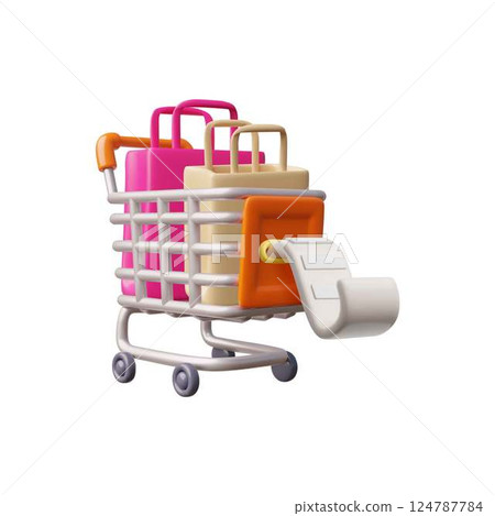 3D vector illustration of a shopping cart on wheels with bags and a receipt. 3D vector illustration of a shopping cart on wheels with bags and a receipt. 124787784
