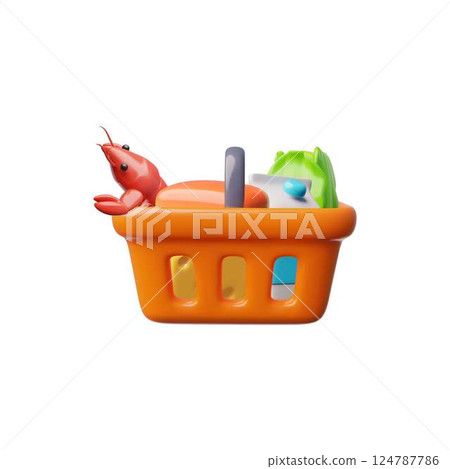 3d vector illustration of shopping cart with food products: cheese, milk, crayfish, cabbage. 124787786
