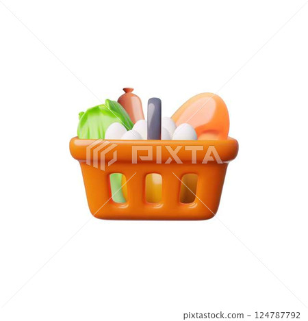 Realistic orange shopping basket with food, 3D vector container with sausage, eggs, loaf and salad vegetables purchase Realistic orange shopping basket with food, 3D vector container with sausage, eggs, loaf and salad vegetables purchase 124787792