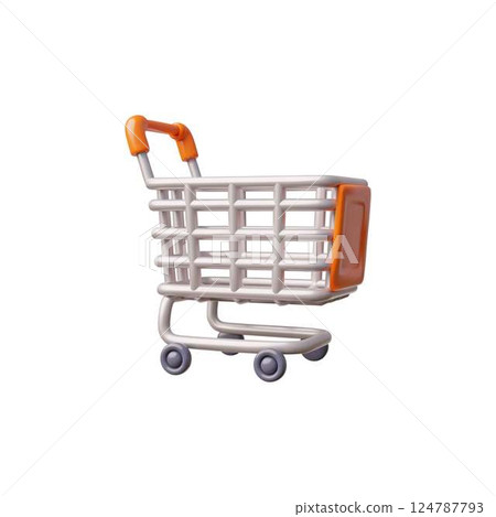 Realistic shopping cart, trolley 3D vector icon, cartoon market empty metal basket container on wheels for purchases 124787793