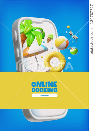 Online booking, shop now 3D vector banner marketing design, summer travel, beach and pool elements in smartphone screen 124787797