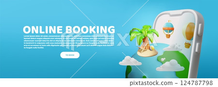 3D online travel booking banner with smartphone, planet, island, palm tree and hot air balloons. 124787798